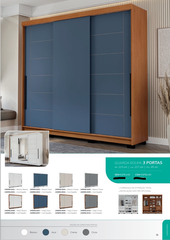 Roupeiro 3 Portas 217 | Politorno 0226 S/Espelho 1598,00 E Versão C/Espelho 1880,00