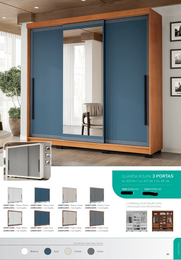 Roupeiro 3 Portas 217 | Politorno 0226 S/Espelho 1630,00 E Versão C/Espelho 1910,00