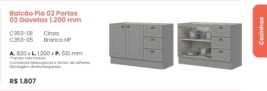 Cozinha  Americana | Balcão Pia 2 Portas 3 Gavetas 1200 mm | C353 | Henn 0126