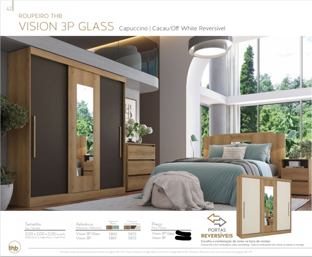 Roupeiro Vision 3P | 5862 - 5861 - 5873 -5872 | Thb 0226 S/Espelho 980,00 E Versão C/Espelho 1090,00